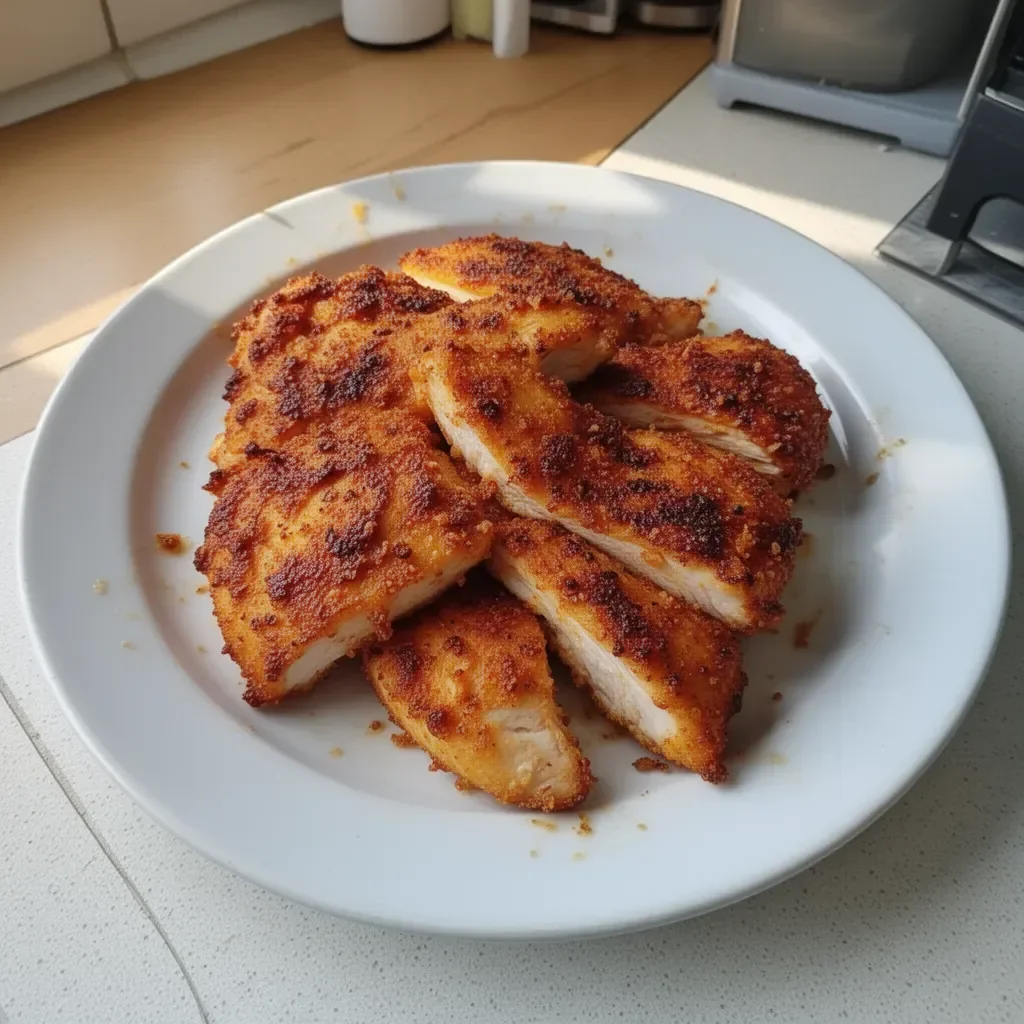 Delicious air fryer chicken breasts garnished with herbs on a plate.