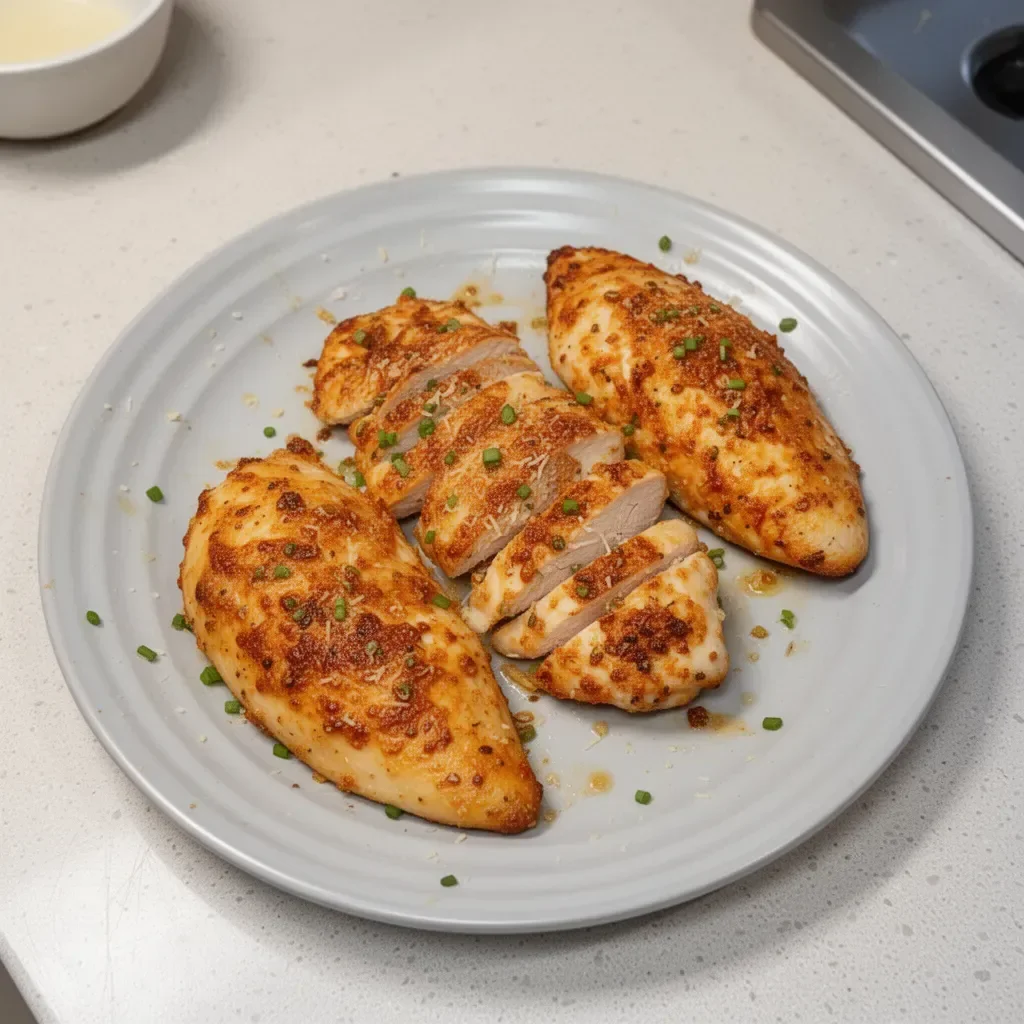 Delicious Air Fryer Garlic Parmesan Chicken served with herbs on a plate