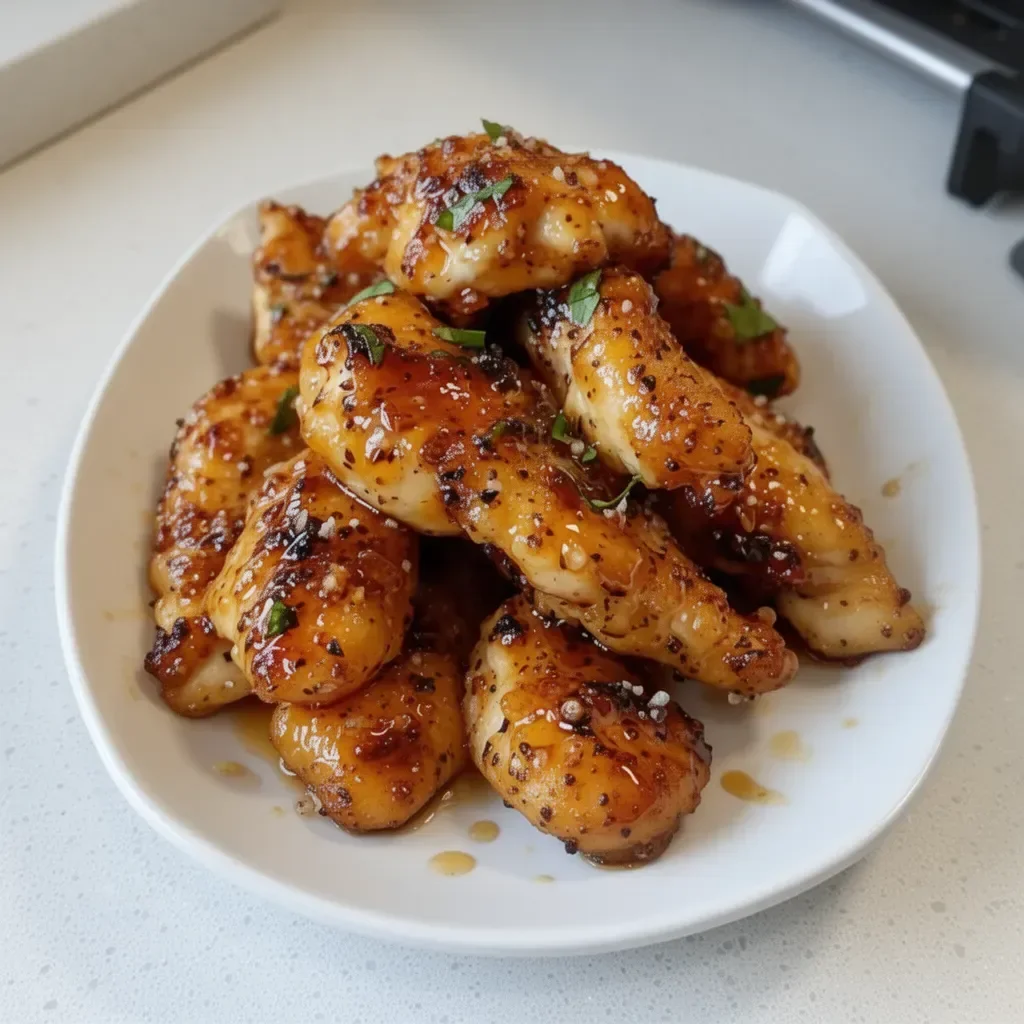 Air Fryer Honey Butter Garlic Chicken Tenders served with dipping sauce