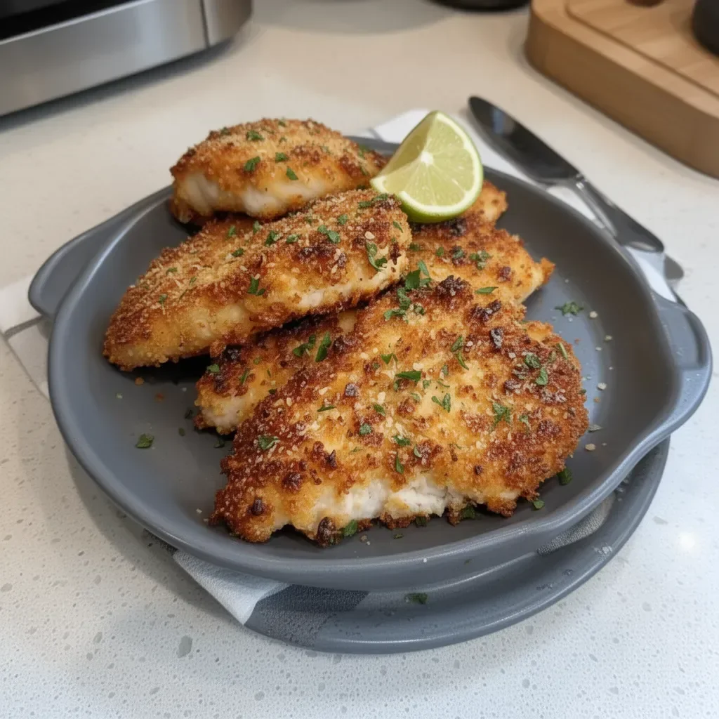 Air Fryer Parmesan Crusted Chicken served on a plate with herbs