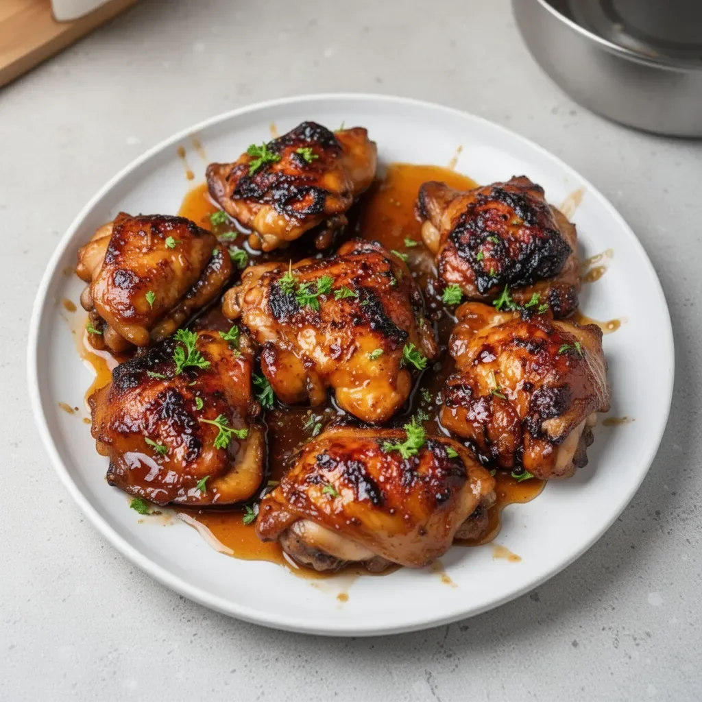 Baked honey garlic boneless chicken thighs garnished with herbs.