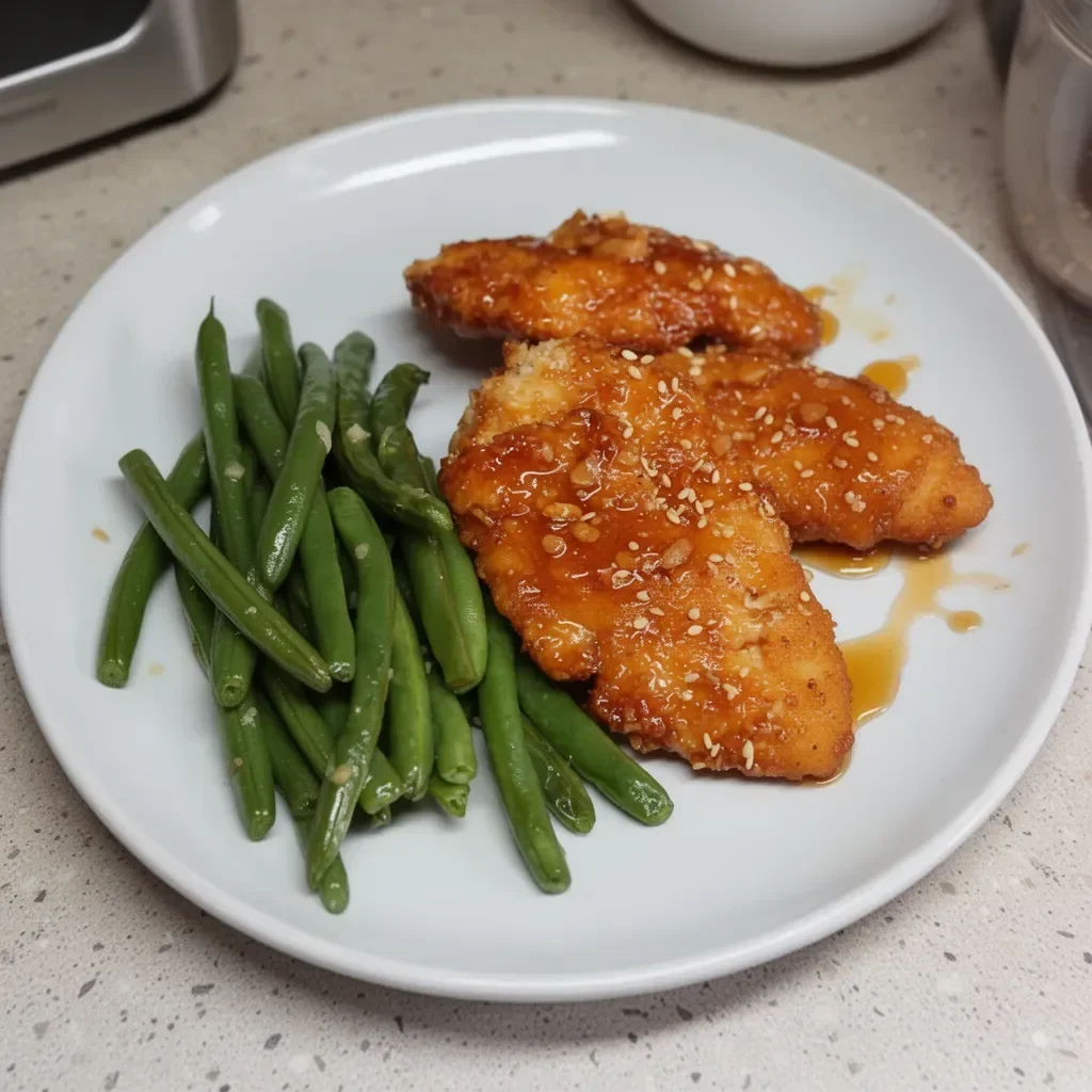 Baked honey garlic chicken tenders with fresh green beans on a plate