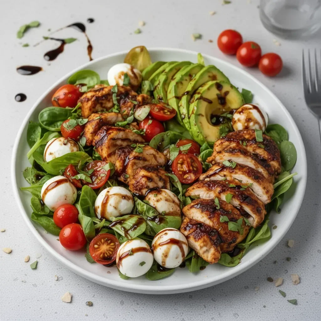 Baked Marinated Chicken Salad with Mozzarella and Balsamic Vinaigrette served in a bowl.