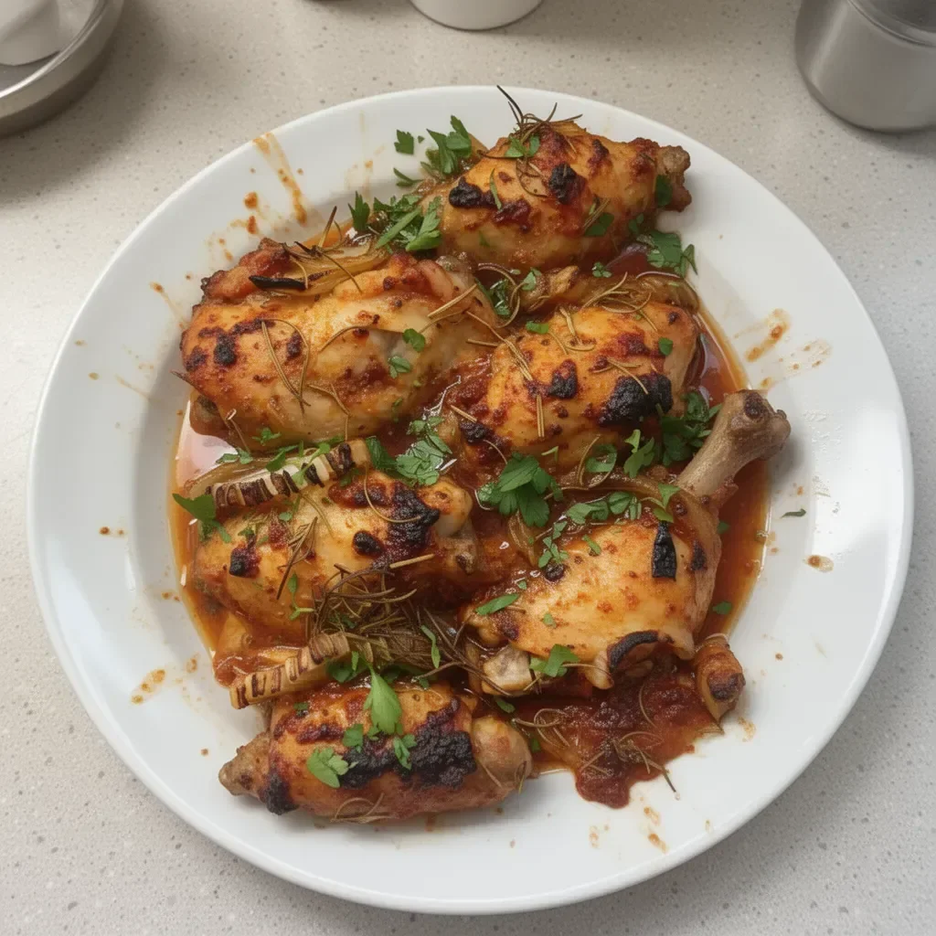 Baked Mediterranean chicken thighs garnished with herbs and vegetables