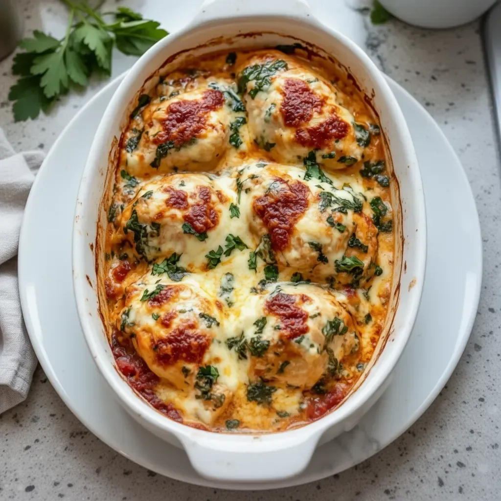 Baked Tuscan Chicken Casserole with herbs, sun-dried tomatoes, and cheese