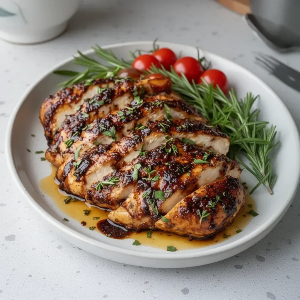 Plate of balsamic baked chicken breast garnished with herbs