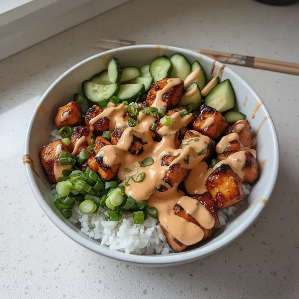 Bang Bang Chicken Bowl with vibrant toppings in a decorative bowl.