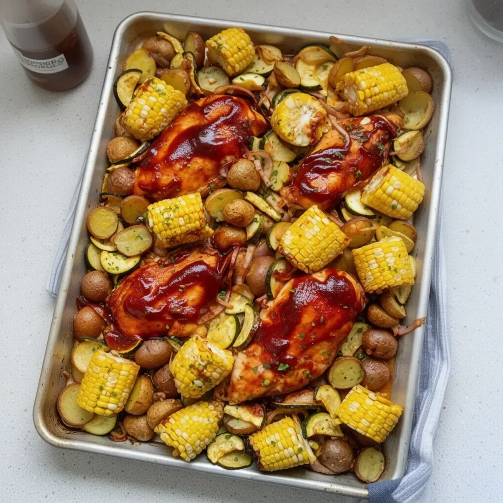 Delicious BBQ chicken sheet pan meal with vegetables and savory sauce