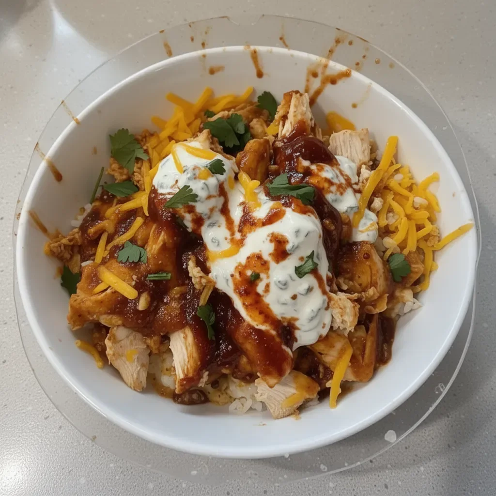 BBQ Ranch Chicken Bowl with grilled chicken, ranch dressing, and fresh toppings