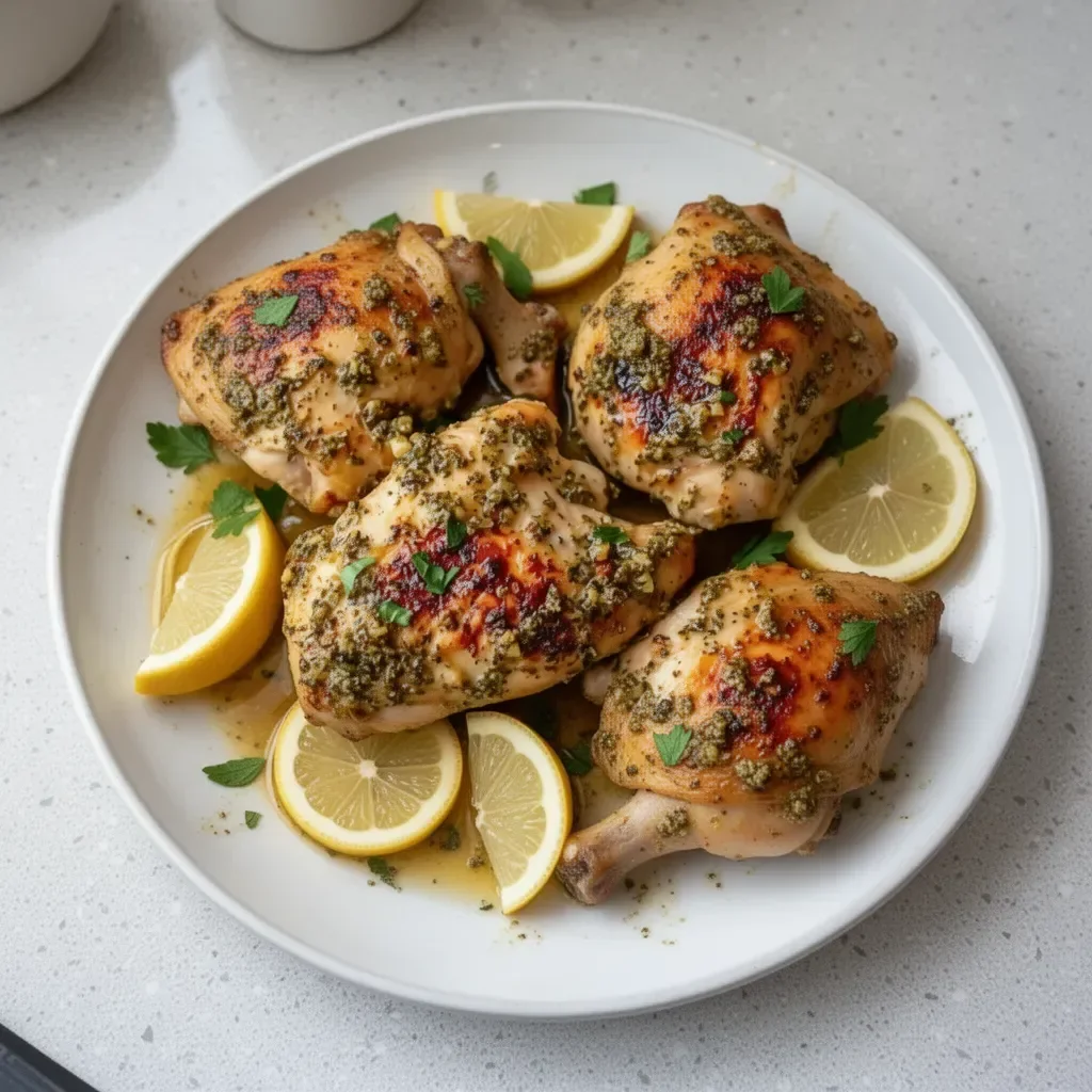 Oven baked Greek chicken thighs garnished with herbs and lemon