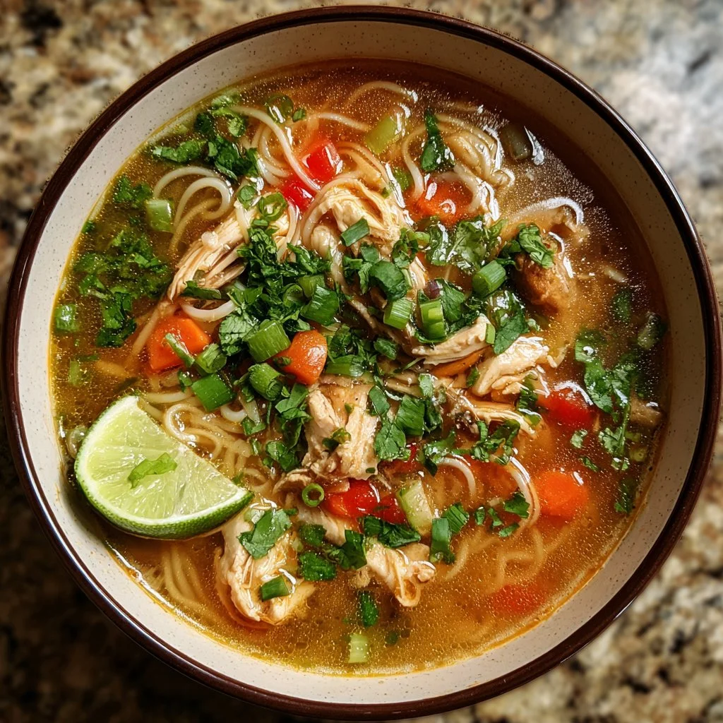 Bowl of homemade Thai Chicken Soup garnished with fresh herbs and lime