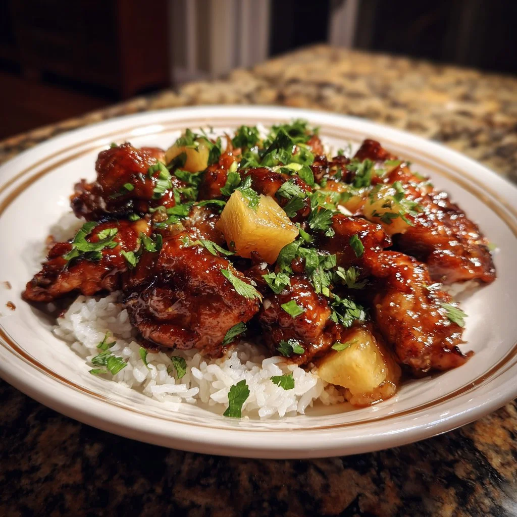 Delicious Brown Sugar Pineapple Chicken served with rice and garnished.