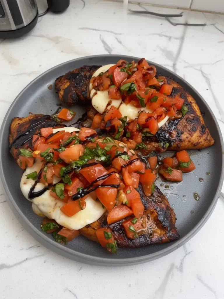 Delicious Bruschetta Chicken topped with fresh tomatoes and basil