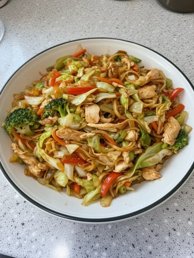 Cabbage stir fry with chicken, colorful vegetables, and a savory sauce in a skillet.