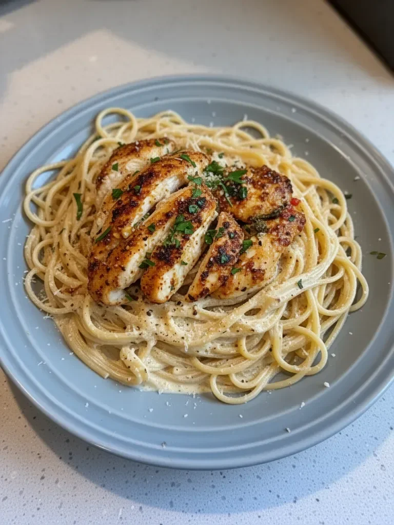 Plate of Cajun Chicken served with creamy Parmesan linguine pasta