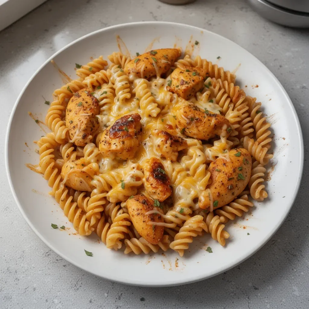 Cheesy Cajun Chicken Rotini Skillet with garlic in a skillet