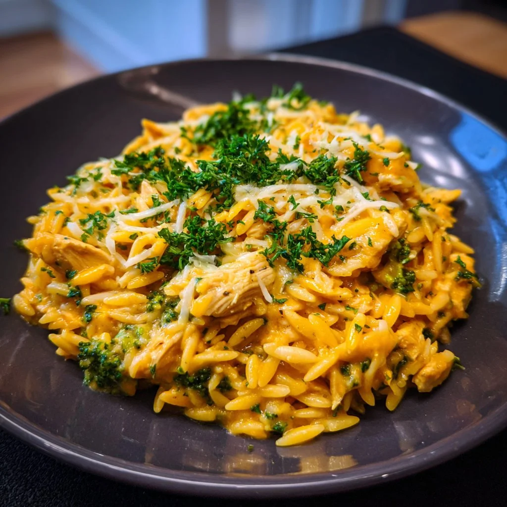 Creamy Cheesy Chicken Broccoli Orzo served in a bowl with fresh herbs.