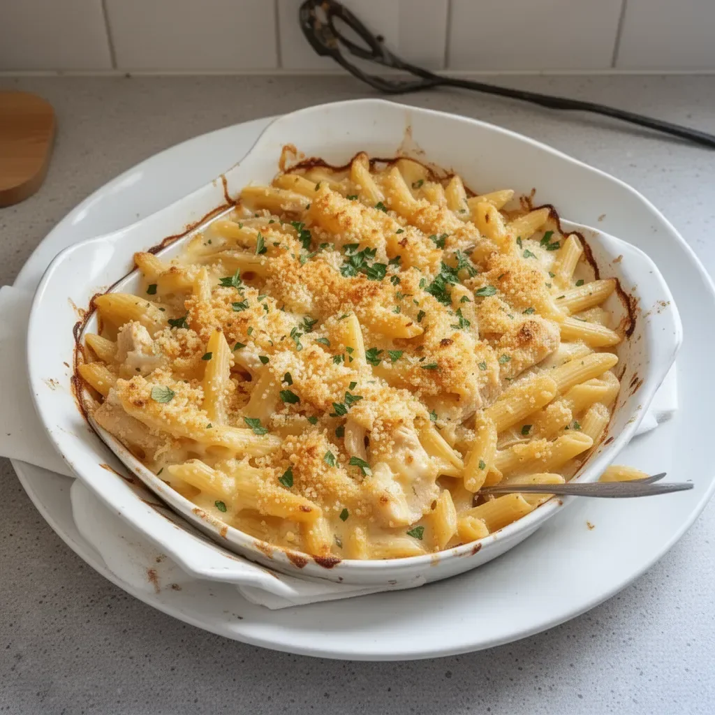 Cheesy Garlic Parmesan Chicken Pasta Bake freshly prepared and served in a dish