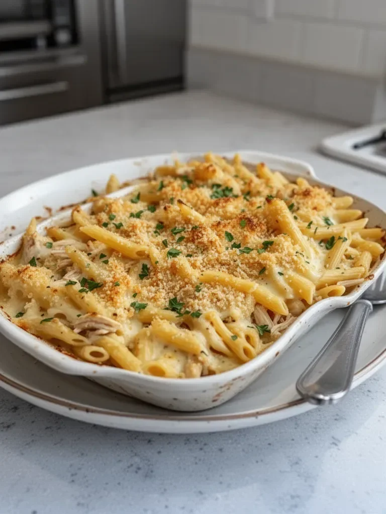 Cheesy Garlic Parmesan Chicken Pasta Bake