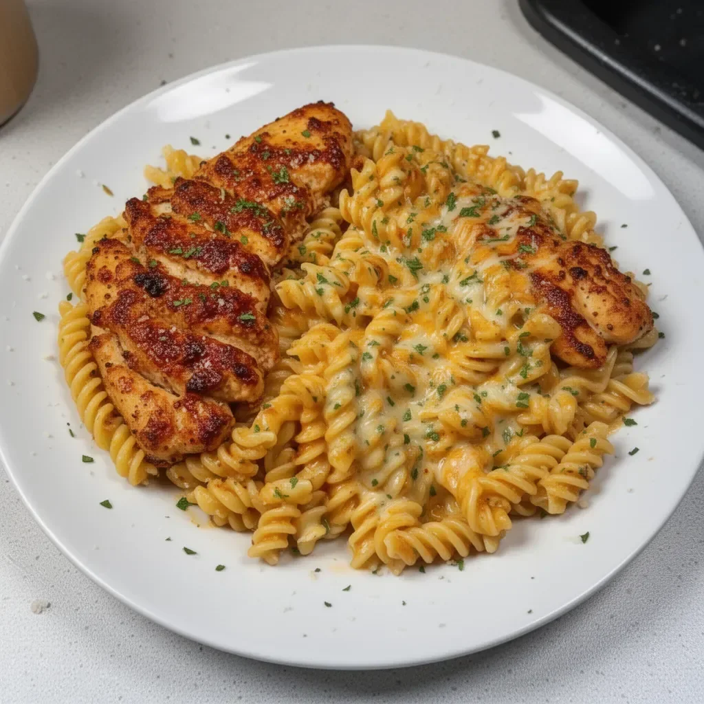 Cheesy rotini pasta with garlic parmesan chicken served in a bowl