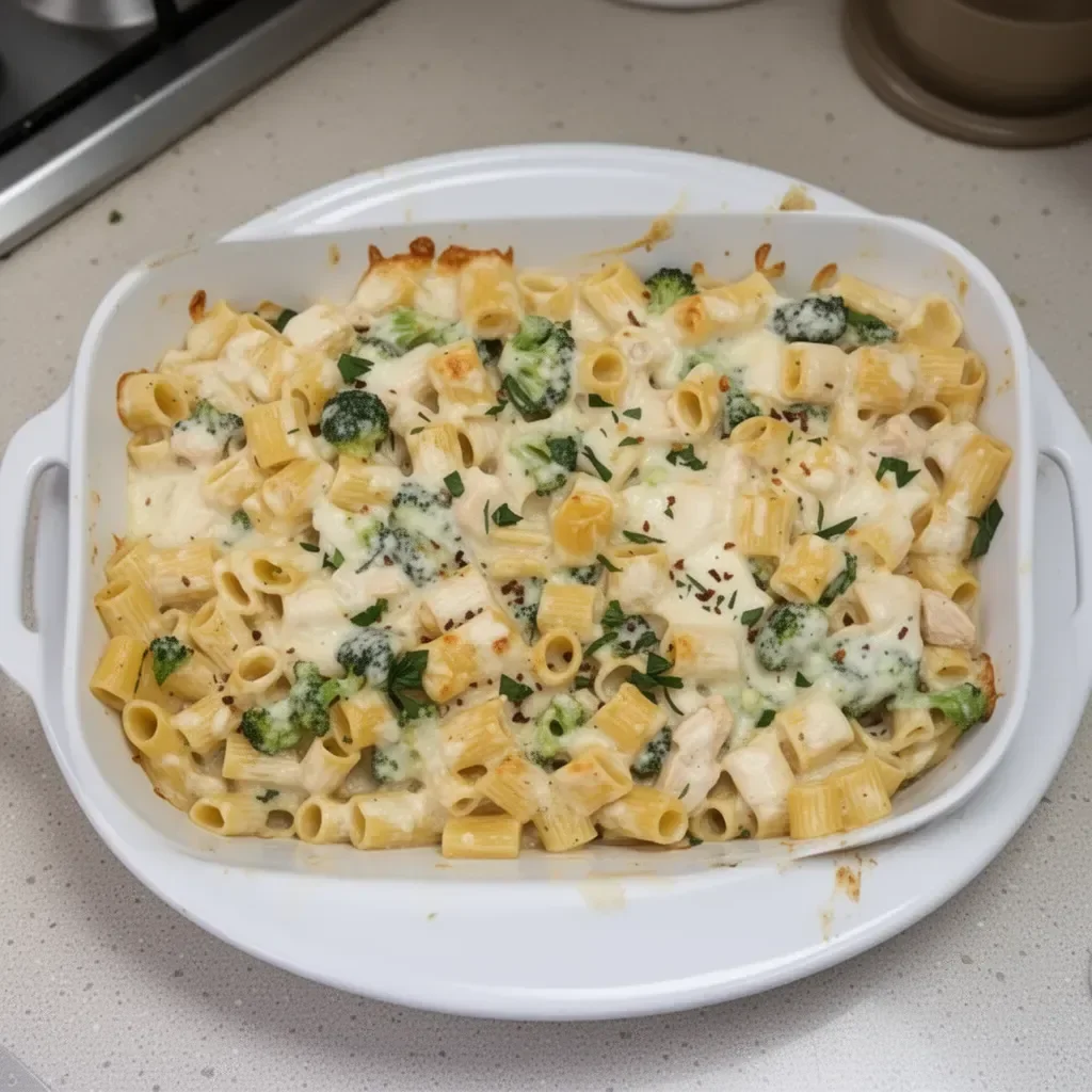 Creamy Chicken Alfredo Pasta Bake topped with cheese and herbs