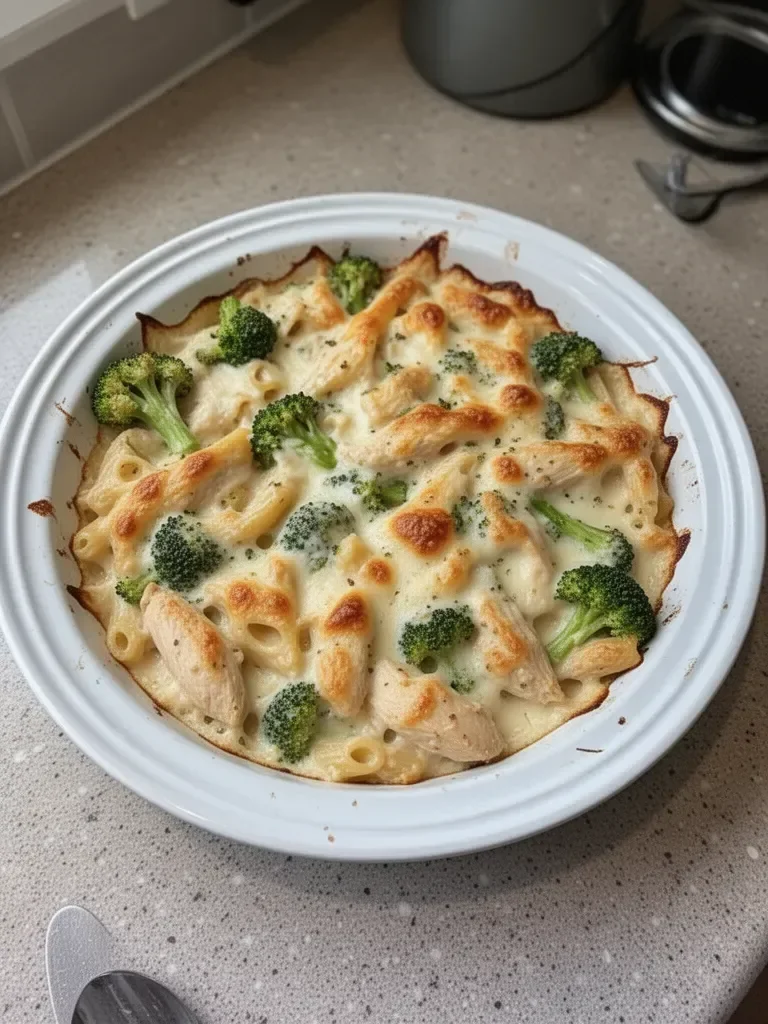 Delicious Chicken and Broccoli Baked Alfredo with creamy sauce and cheese