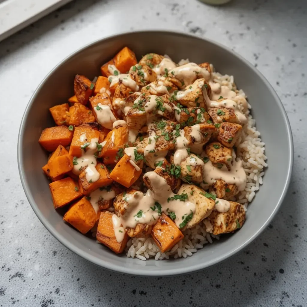 Chicken and Sweet Potato Rice Bowl featuring rice, chicken, and vibrant veggies