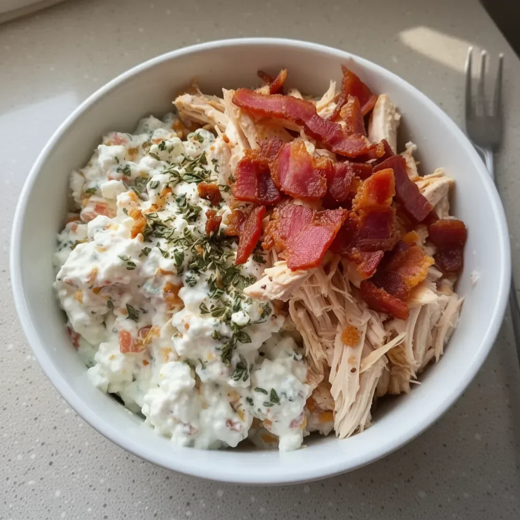 Delicious Chicken Bacon Ranch Cottage Cheese Bowl topped with crispy bacon and herbs