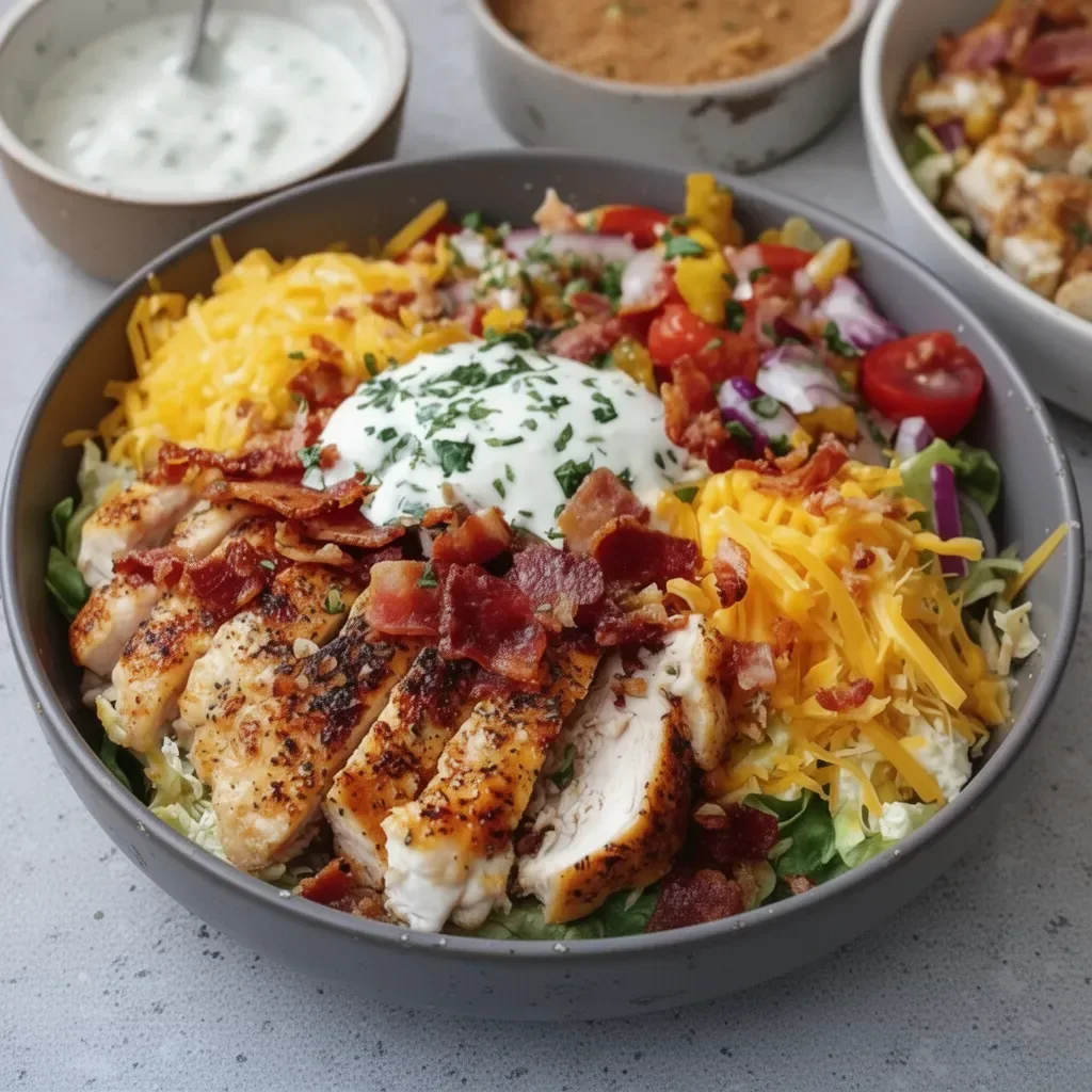 Delicious Chicken Bacon Ranch Keto Bowls topped with fresh ingredients