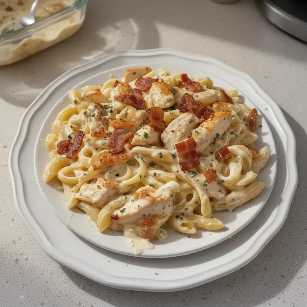 Creamy Chicken Bacon Ranch Pasta with crispy bacon and herbs