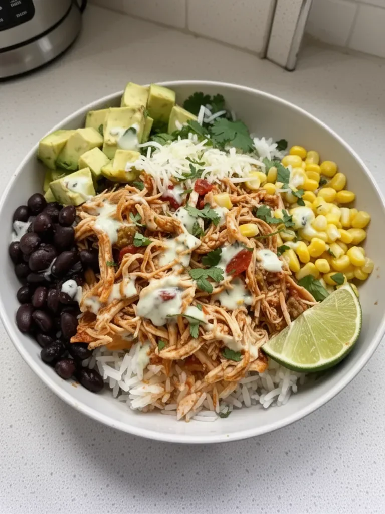 Delicious Chicken Burrito Bowl with rice, beans, and fresh toppings