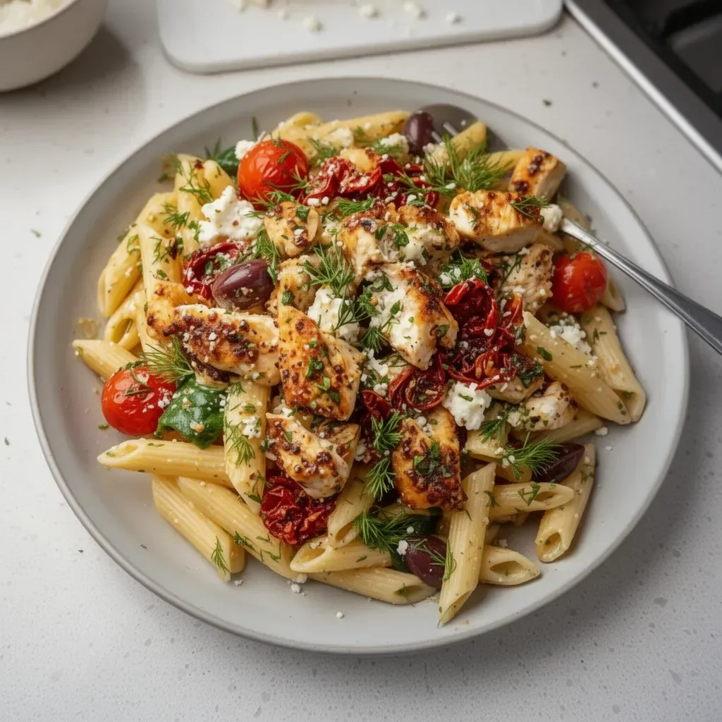 Plate of Chicken Feta Greek Pasta with fresh ingredients and herbs