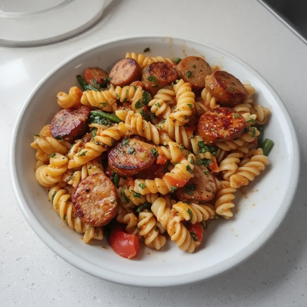 Healthy chicken sausage pasta meal prep in a colorful bowl