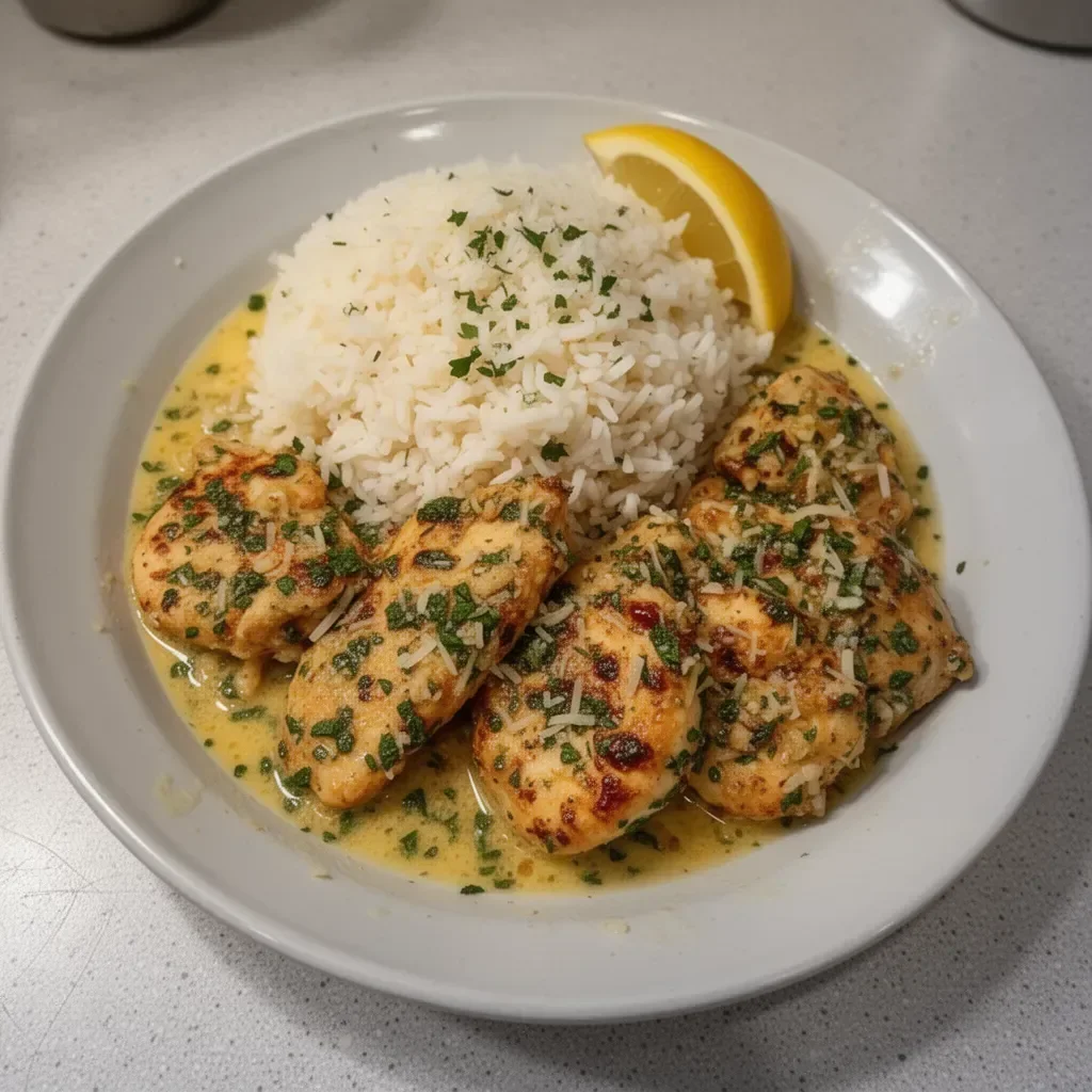 Delicious Chicken Scampi served with Garlic Parmesan Rice
