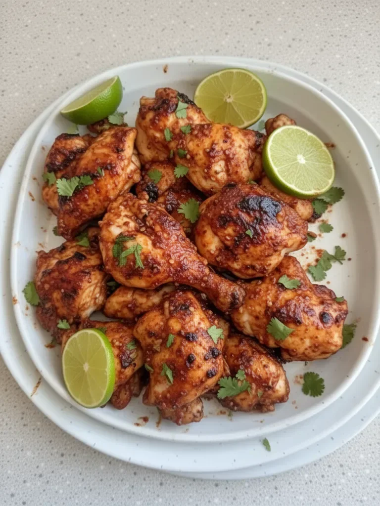 Juicy Chili Lime Chicken garnished with fresh herbs and lime slices
