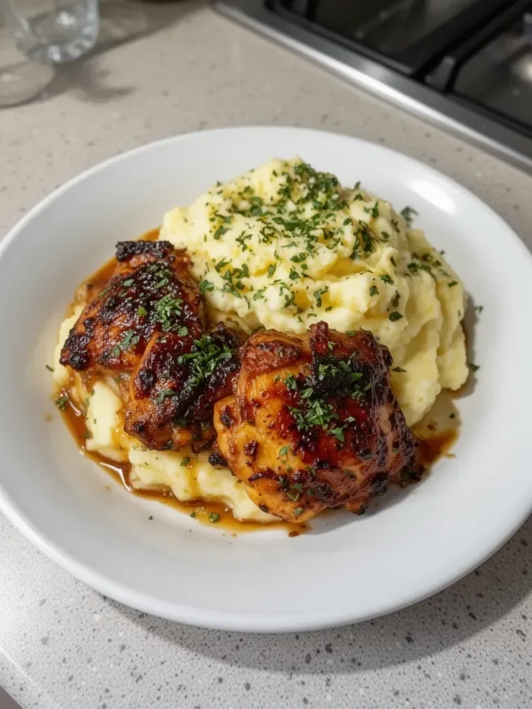 Chipotle Honey Chicken thighs served with smoked gouda mashed potatoes