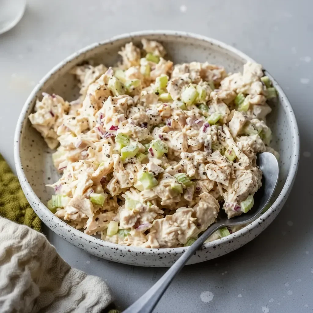 Delicious classic chicken salad served in a bowl with fresh ingredients