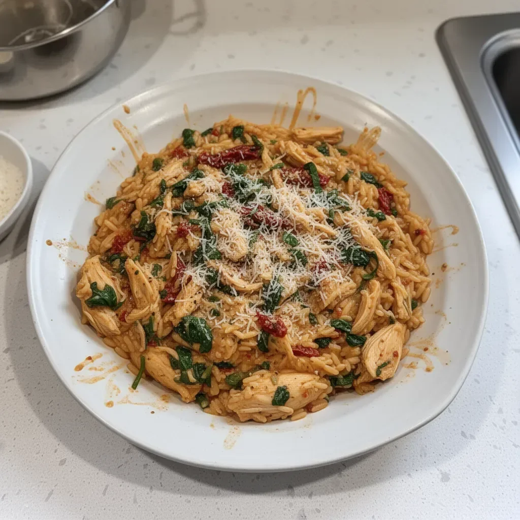 Plate of Classic Marry Me Chicken Orzo with fresh herbs and creamy sauce