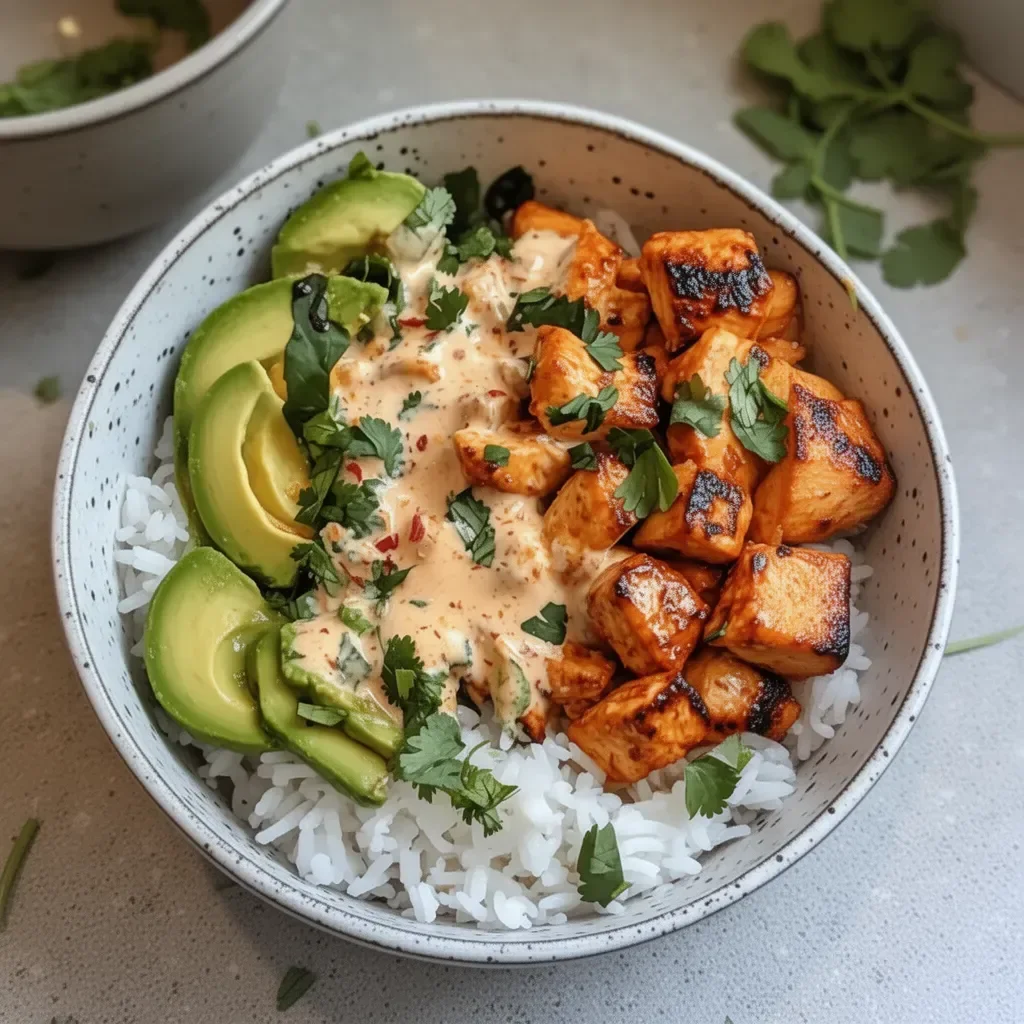 Coconut Chicken Rice Bowl garnished with fresh herbs and served in a bowl
