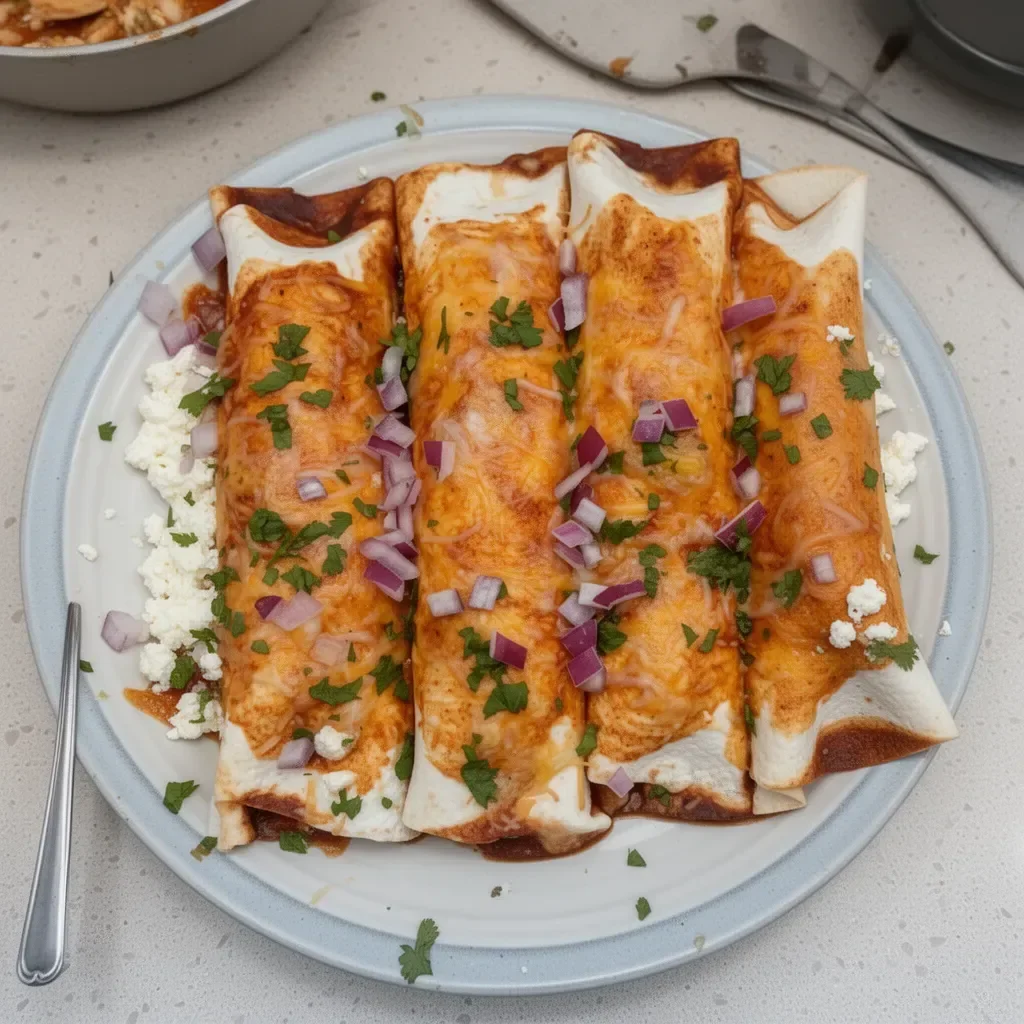 Cottage cheese chicken enchiladas served on a plate