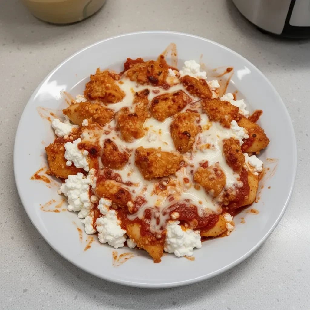 Cottage Cheese Chicken Parm Bowl with chicken, cottage cheese, and marinara sauce