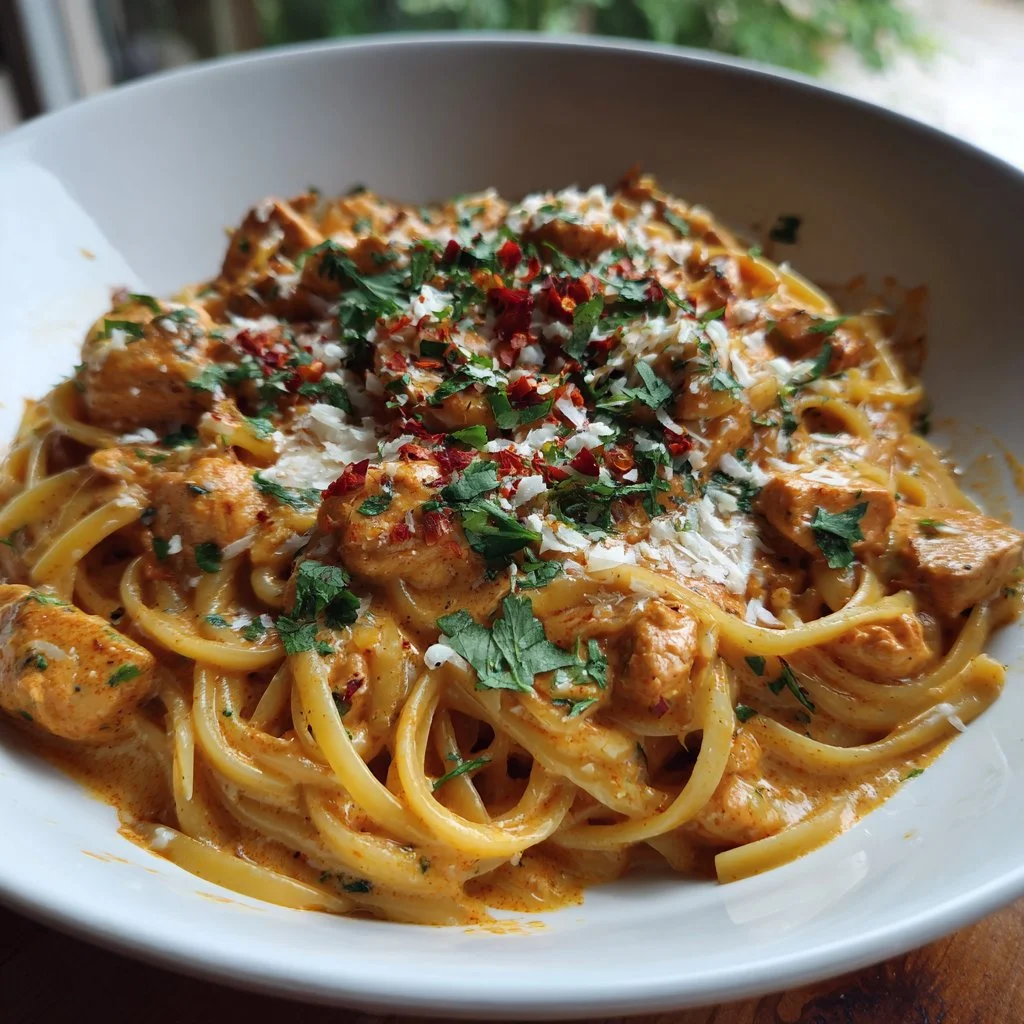 Delicious Cowboy Butter Chicken Linguine with creamy sauce and spices