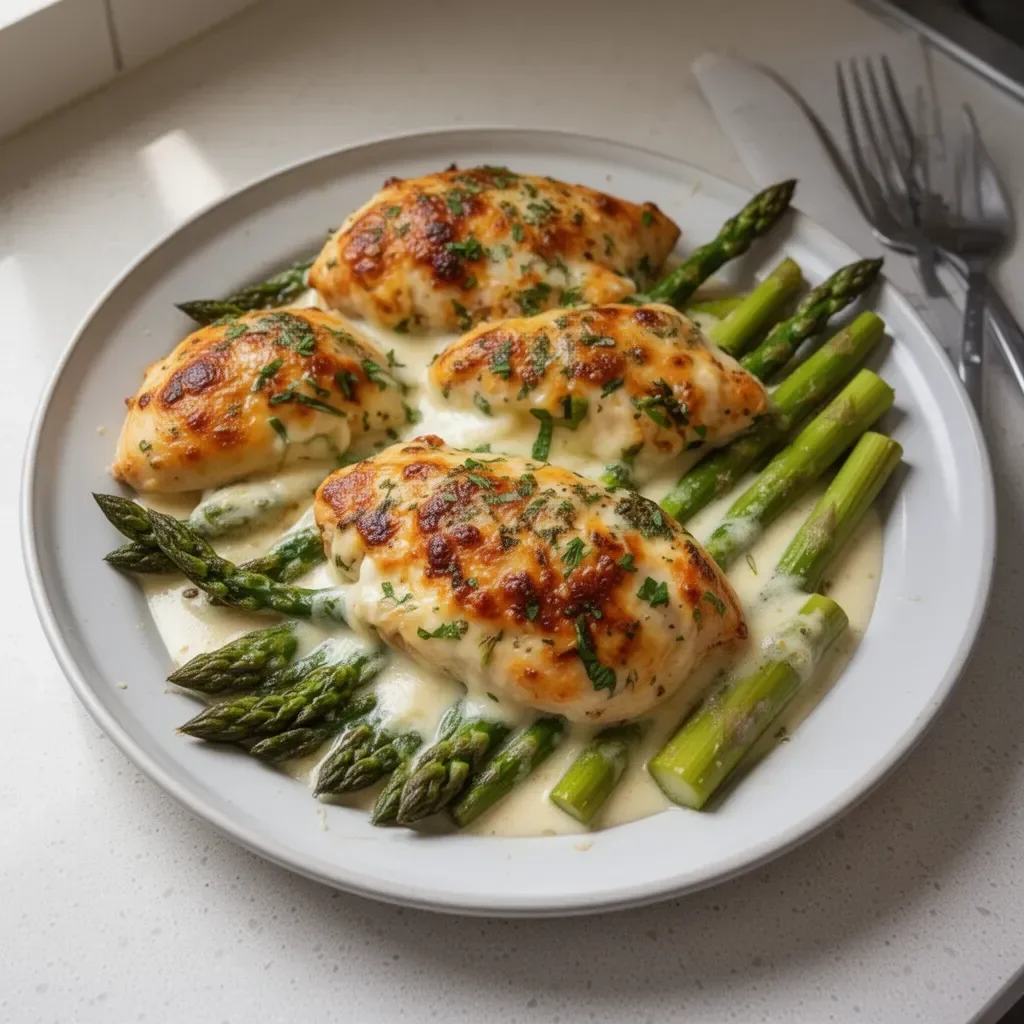 Creamy baked chicken served with tender asparagus on a plate.