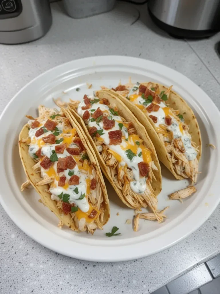 Creamy cheddar ranch chicken tacos served with fresh toppings