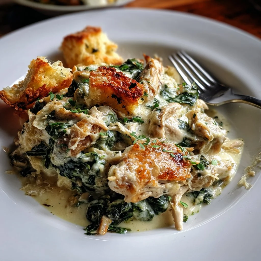 Creamy chicken and spinach casserole baked in a dish, garnished with herbs.
