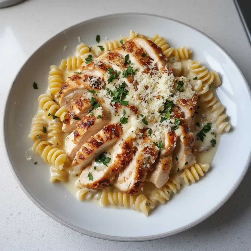 Creamy garlic butter chicken with rotini in Parmesan sauce.