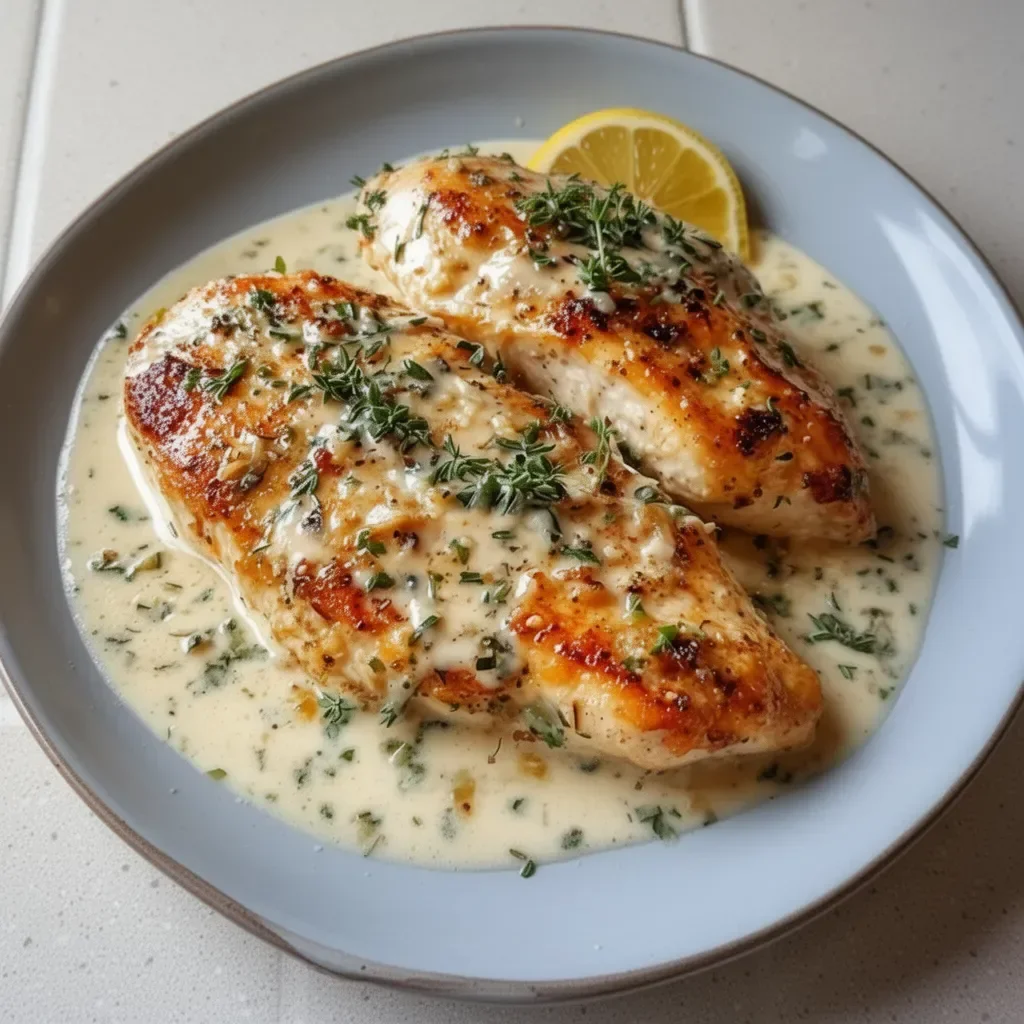 Creamy garlic chicken breasts served garnished with herbs