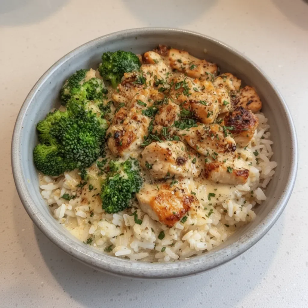 Creamy garlic chicken rice bowl with vegetables and herbs