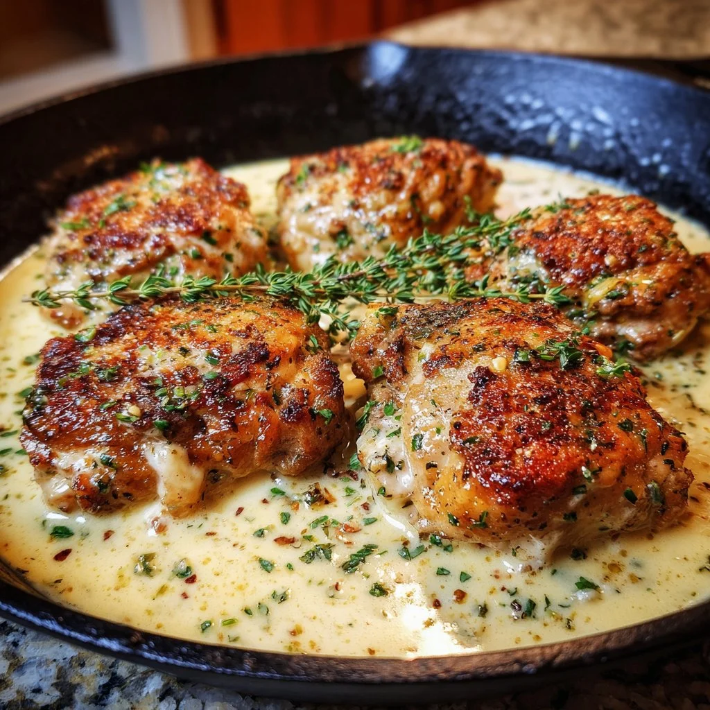 Creamy garlic chicken thighs served on a plate with herbs and spices