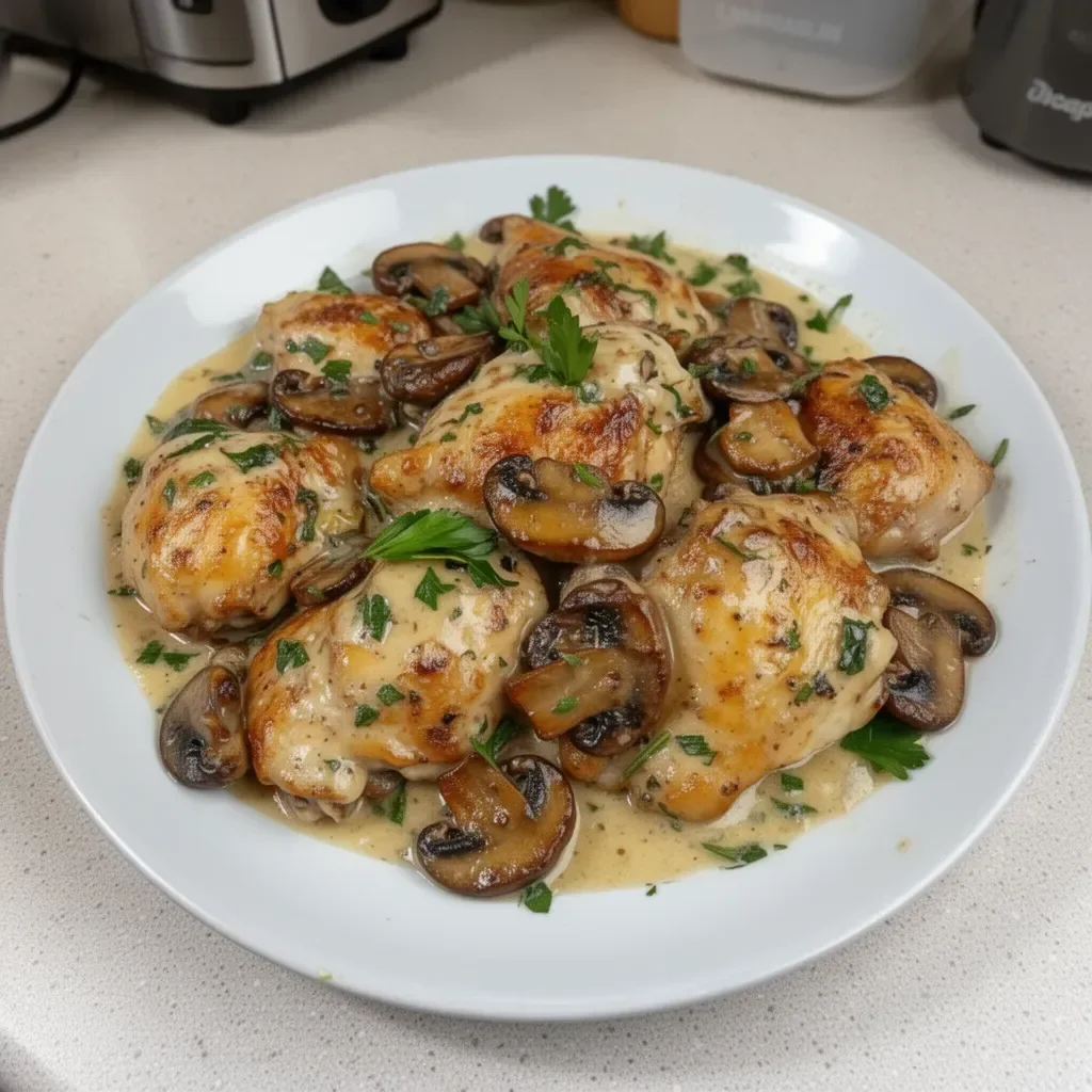 Creamy garlic mushroom chicken thighs served on a plate.
